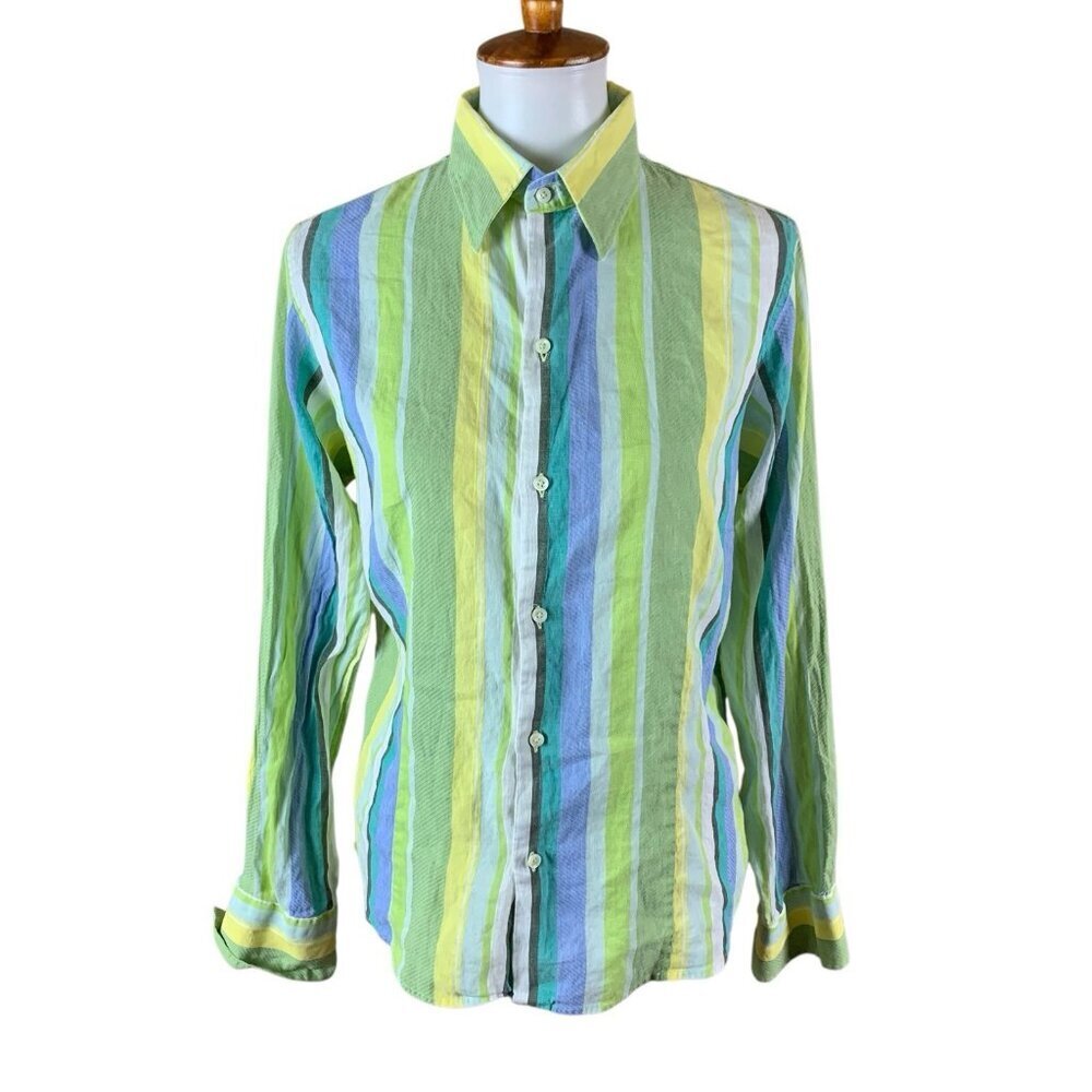 Craig‎ Taylor Green Blue Yellow Striped Button Down Shirt Long Sleeve Large
